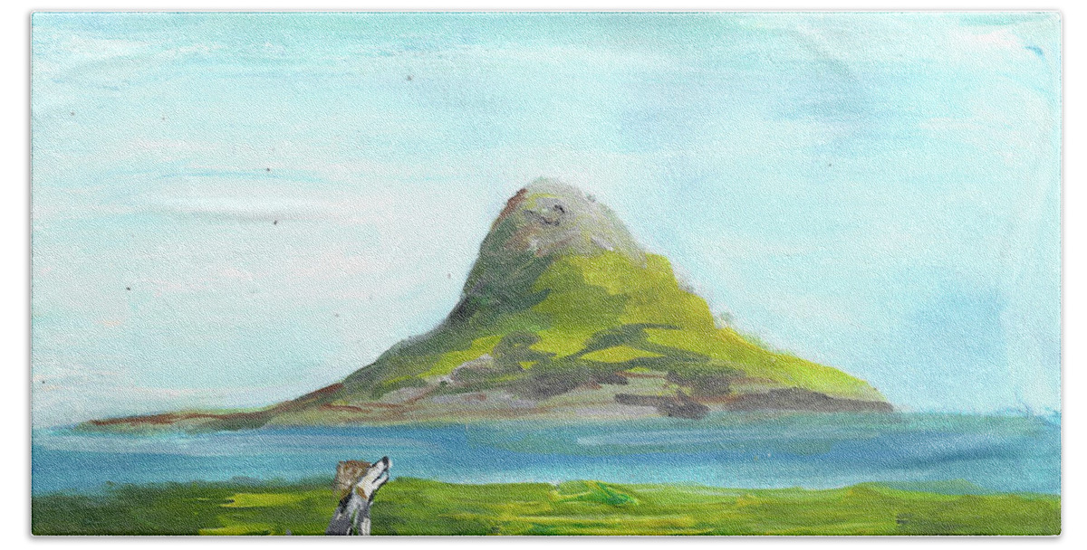 Hawaii Beach Towel featuring the painting Chinamans Hat Island by Karen Ferrand Carroll