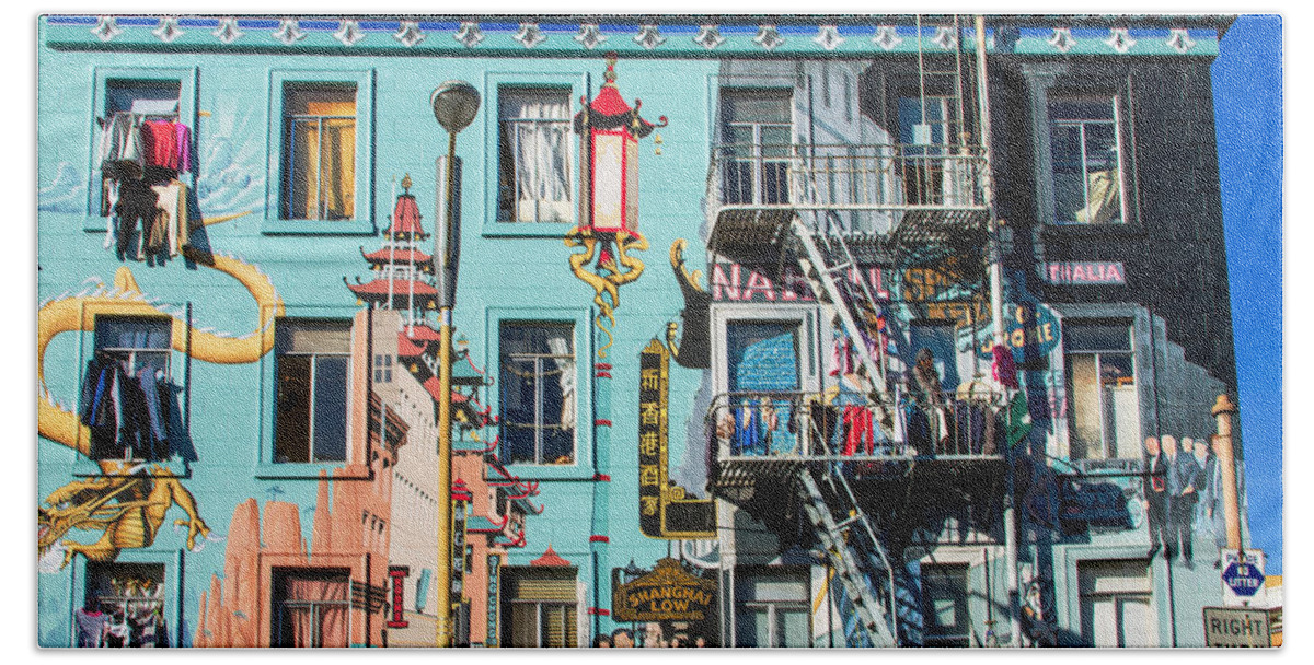 Bonnie Follett Beach Towel featuring the photograph Chinatown Mural on Broadway by Bonnie Follett