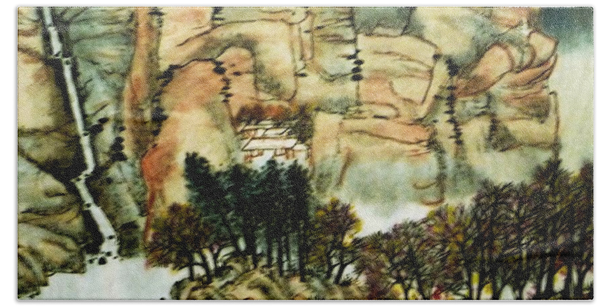 Chinese Painting Beach Towel featuring the painting Chinese Landscape #1 by Betty M M Wong