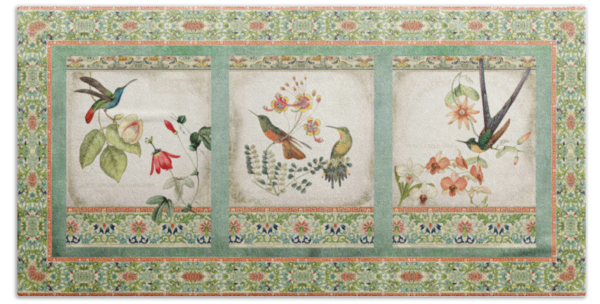 Chinese Ornamental Paper Beach Towel featuring the digital art Triptych - Chinoiserie Vintage Hummingbirds n Flowers by Audrey Jeanne Roberts