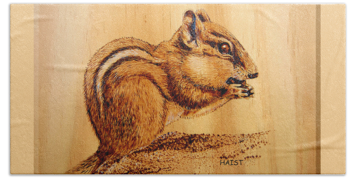 Chipmunk Beach Sheet featuring the pyrography Chippies Lunch by Ron Haist