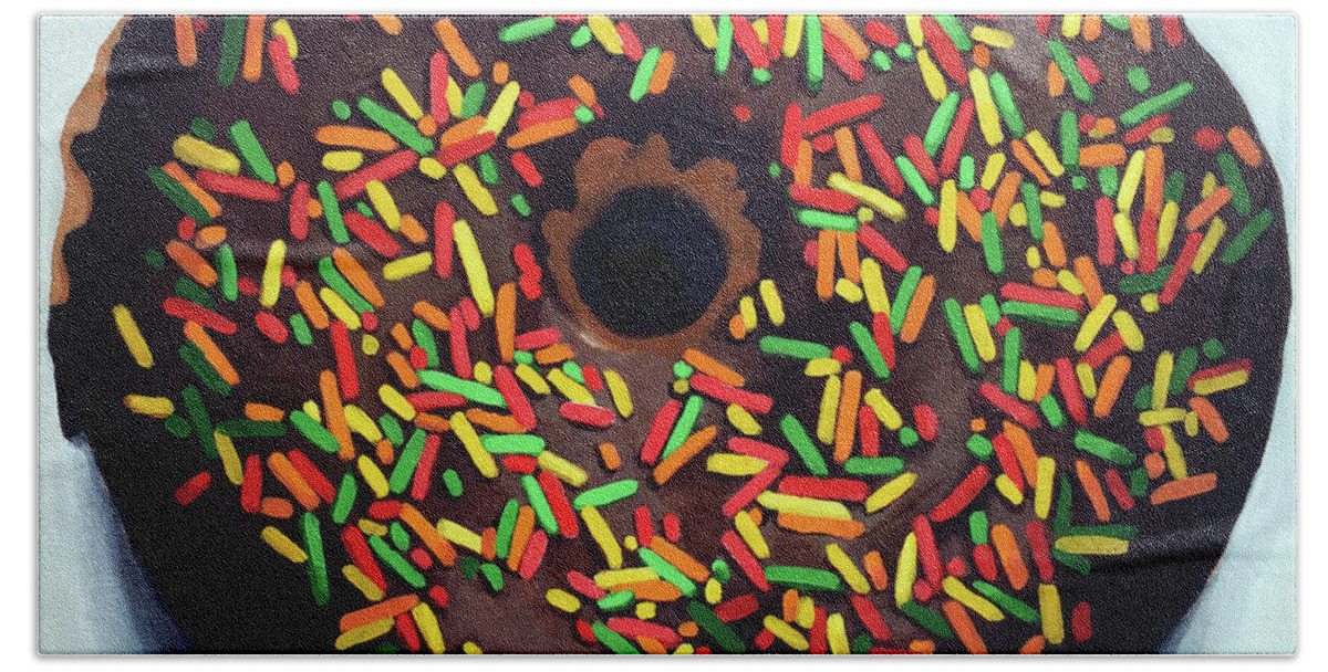 Food Art Beach Sheet featuring the painting Chocolate Donut and Sprinkles oil painting by Linda Apple