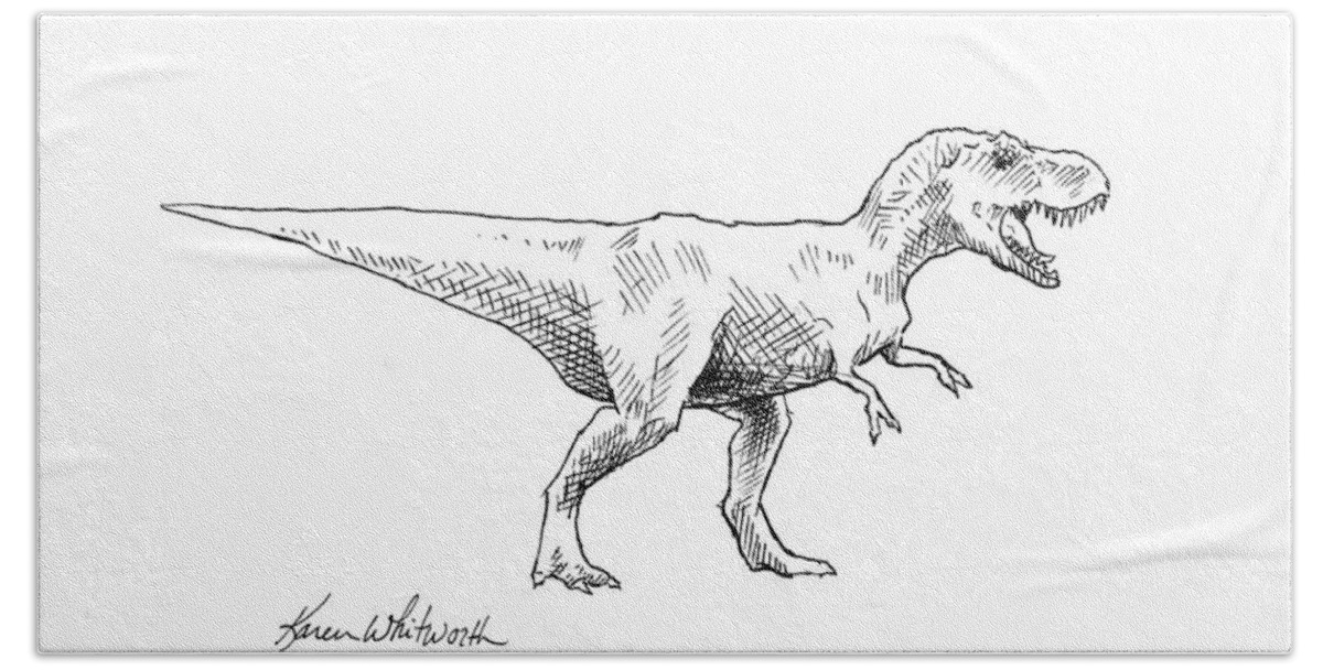 Tyrannosaurus Rex Decor Beach Towel featuring the drawing Tyrannosaurus Rex Dinosaur T-Rex Ink Drawing Illustration by K Whitworth