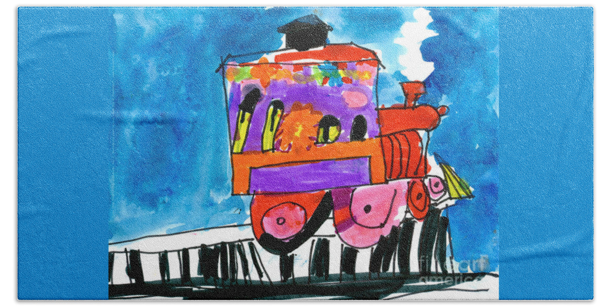 Trains Beach Towel featuring the painting ChooChoo Train by Gina Barba Age Five