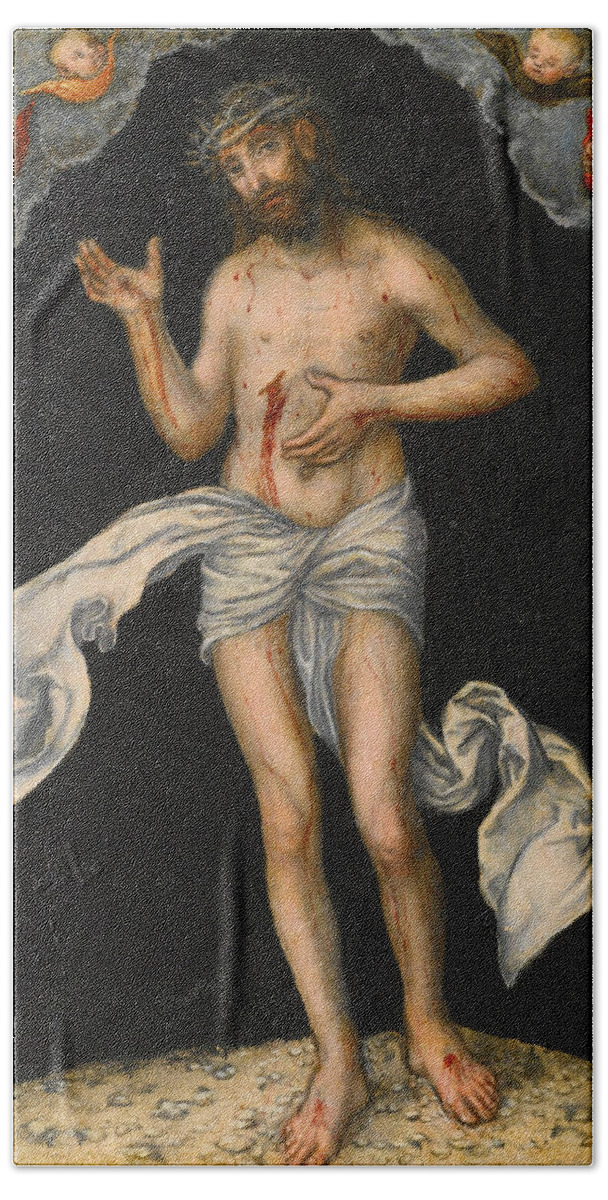Lucas Cranach The Elder Beach Towel featuring the painting Christ as Man of Sorrows by Lucas Cranach the Elder