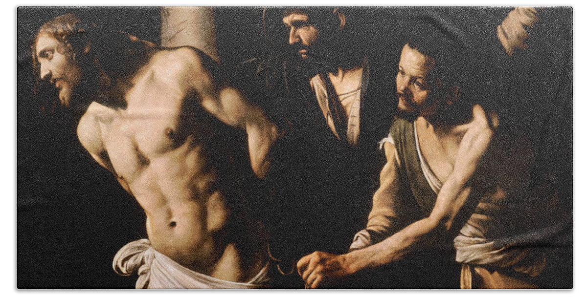 Caravaggio Beach Towel featuring the painting Christ at the Column by Caravaggio