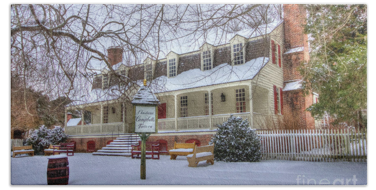 Christina Campbell Tavern Colonial Williamsburg Virginia Winter Snow Fence Trees Morning Beach Towel featuring the photograph Christina Campbell Tavern Colonial Williamsburg by Karen Jorstad