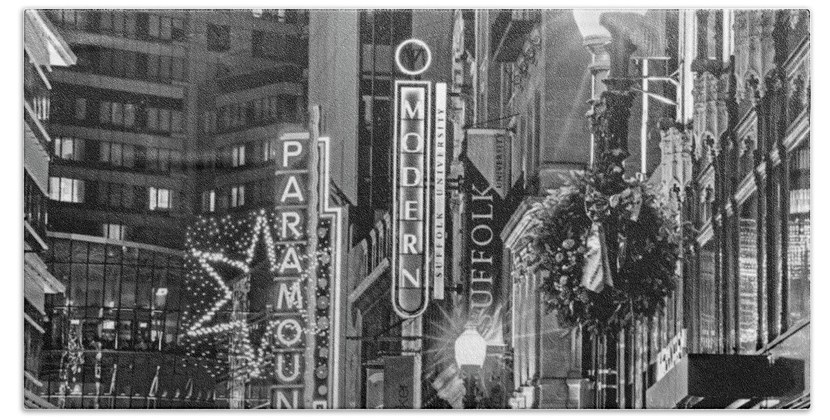 Boston Beach Towel featuring the photograph Christmas in Downtown Boston MA Paramounr Washington Street Black and White by Toby McGuire