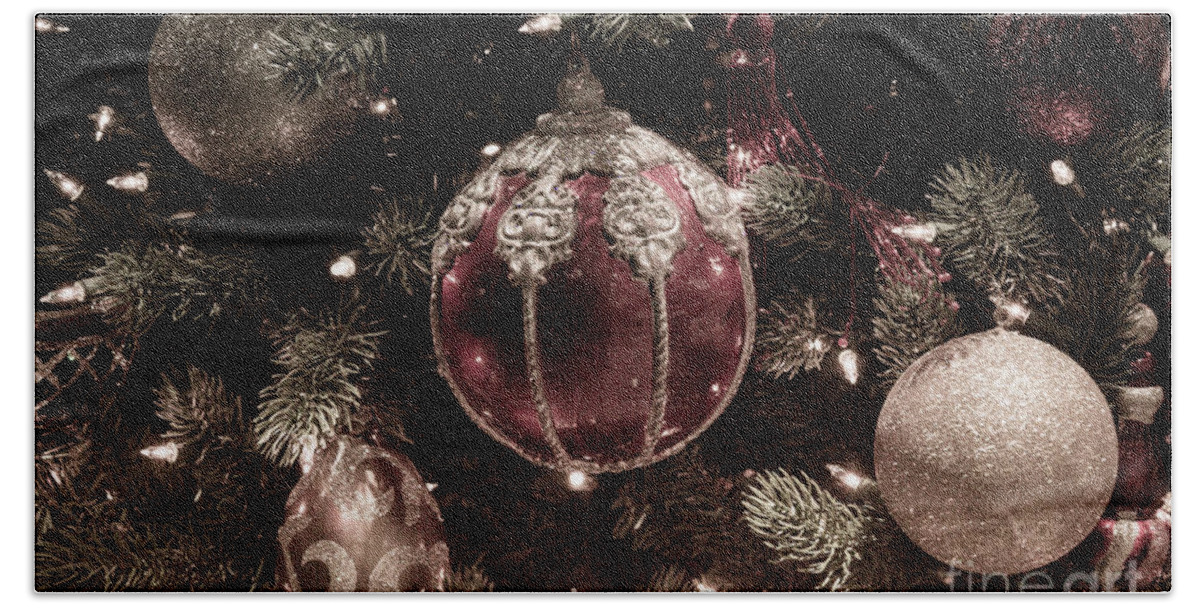 Christmas Tree Ornaments Christmas Beach Towel featuring the photograph Christmas Ornaments Faded by Tracy Brock