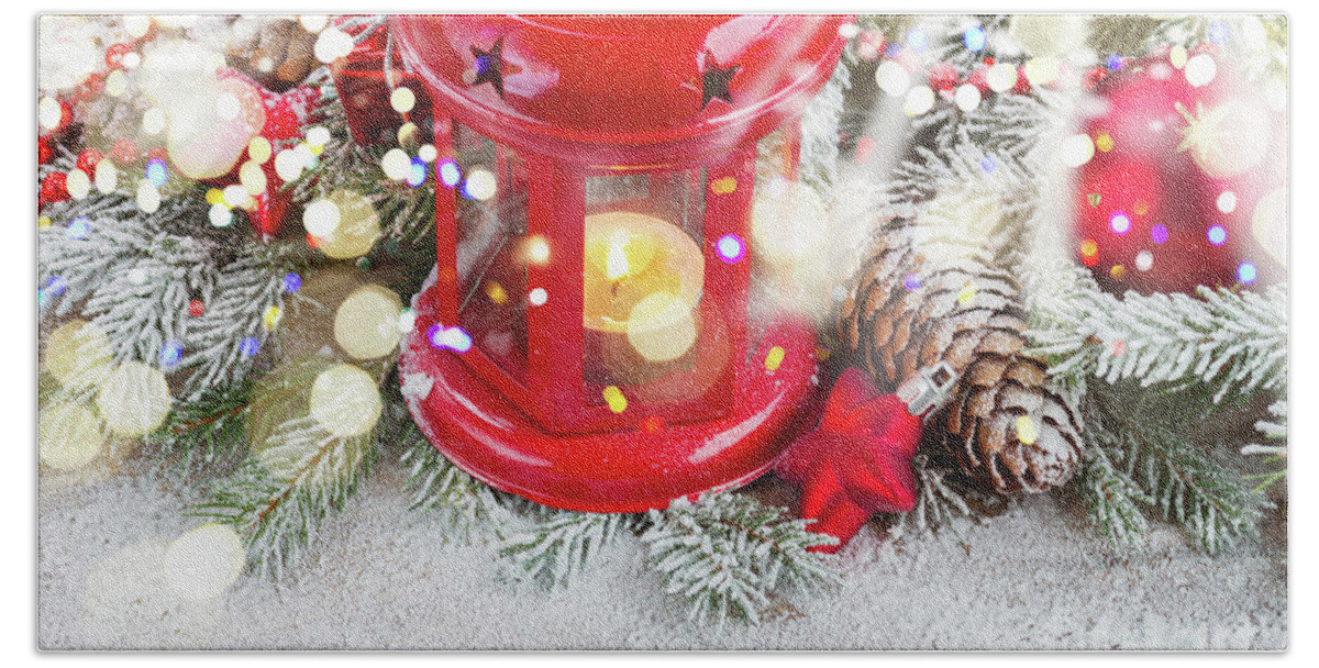Christmas Beach Towel featuring the photograph Christmas Red Lantern by Anastasy Yarmolovich