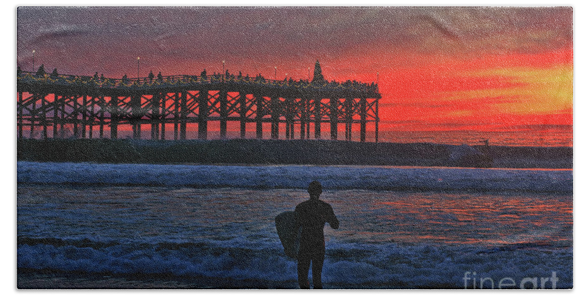 Pacific Beach Beach Towel featuring the photograph Christmas Surfer Sunset by Sam Antonio