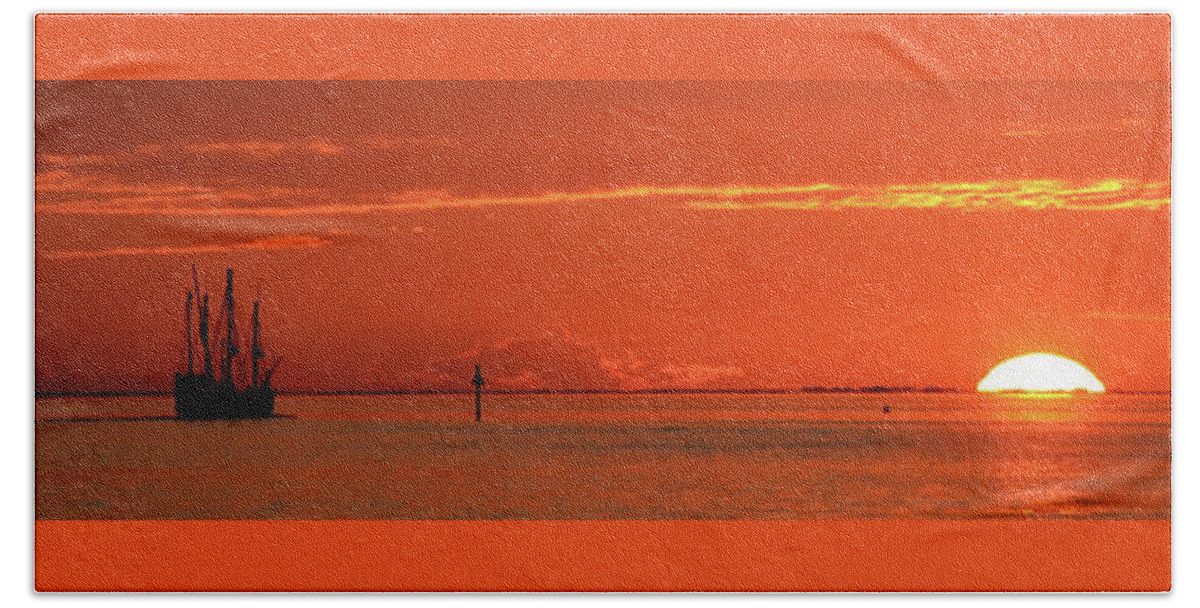20120107 Beach Sheet featuring the photograph Christopher Columbus Sailing Ship Nina Sails off into the Sunset Panoramic by Jeff at JSJ Photography