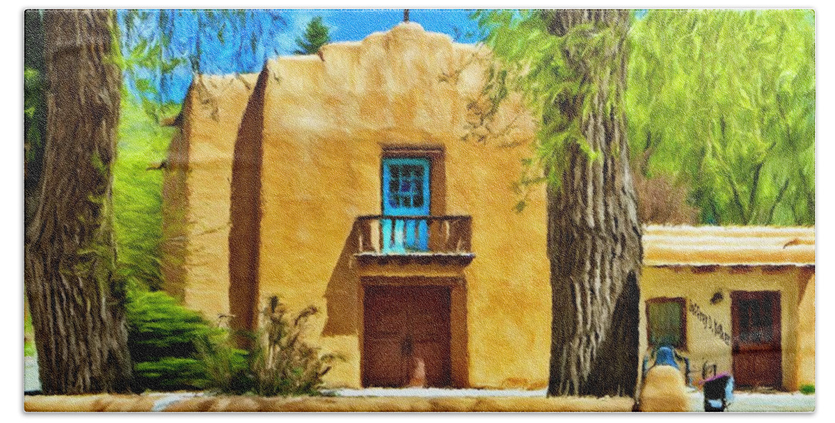 Chapel Beach Towel featuring the painting Church with Blue Door by Jeffrey Kolker