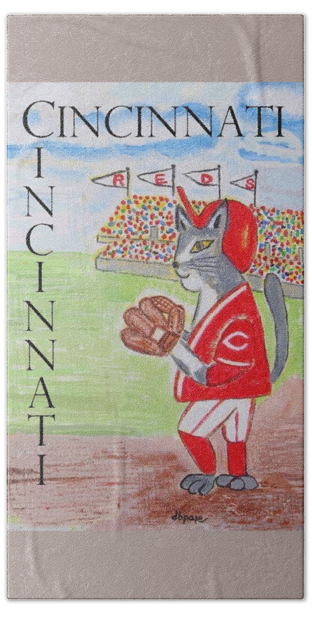 Cincinnati Beach Towel featuring the painting Cinci Reds Cat by Diane Pape