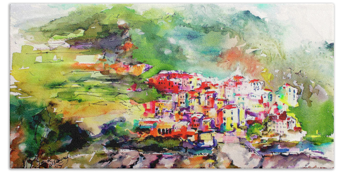 Cinque Terre Beach Sheet featuring the painting Cinque Terre italy Corniglia Travel Memories by Ginette Callaway