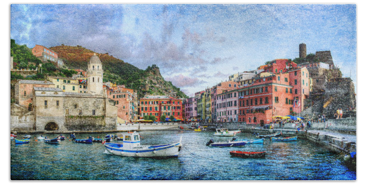 Cinque Terre Beach Towel featuring the photograph Cinque Terre - Vernazza from the breakwater - Vintage version by Weston Westmoreland