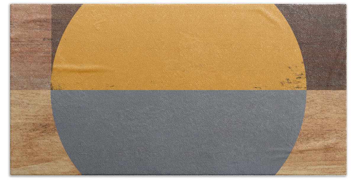 Modern Beach Towel featuring the mixed media Cirkel Yellow and Grey- Art by Linda Woods by Linda Woods