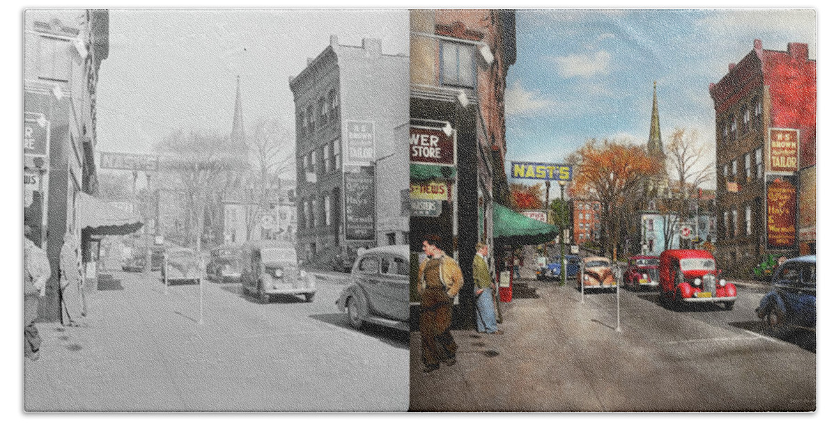 Amsterdam Beach Towel featuring the photograph City - Amsterdam NY - Downtown Amsterdam 1941- Side by Side by Mike Savad