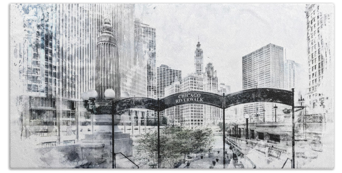 Abstract Beach Towel featuring the digital art City Art CHICAGO Downtown View by Melanie Viola