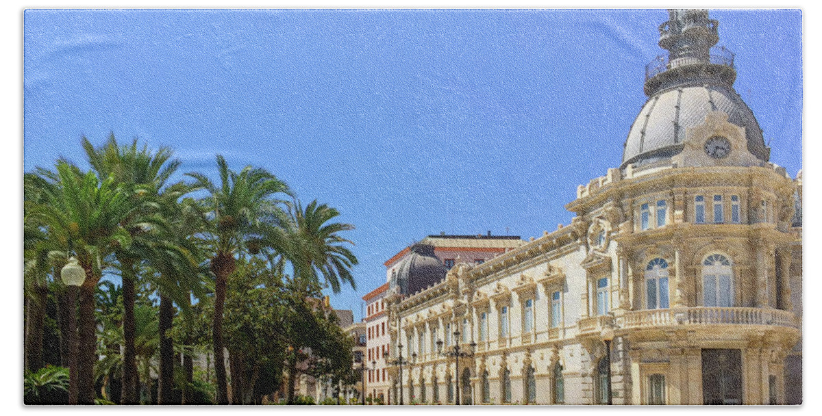 Cartagena Beach Towel featuring the photograph City hall of Cartagena in Spain by GoodMood Art