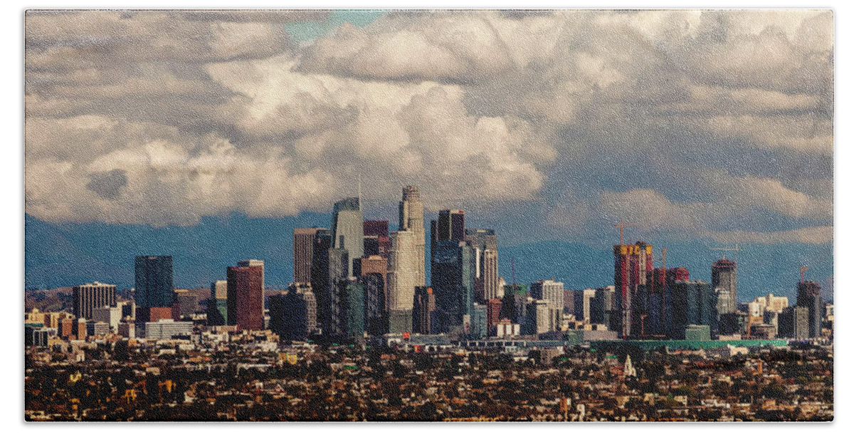 Los Angeles Skyline Beach Towel featuring the photograph City in The Clouds by April Reppucci