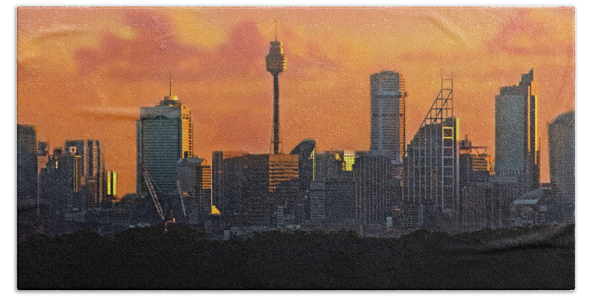 North Head Beach Towel featuring the photograph CIty Of Sydney And Orange Clouds by Miroslava Jurcik