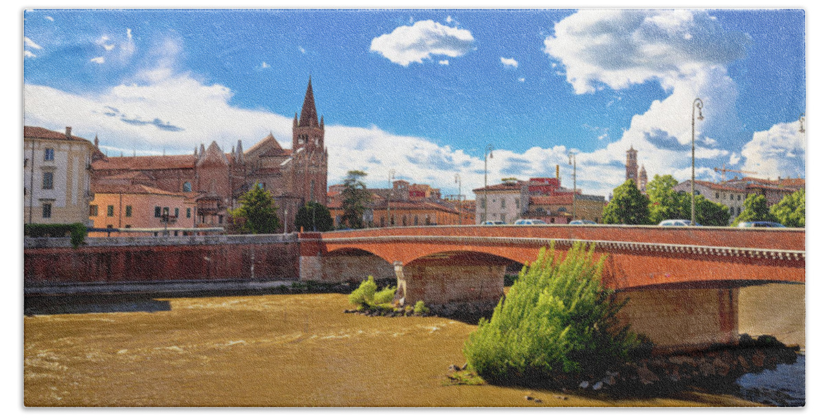 San Fermo Beach Towel featuring the photograph City of Verona Adige river and San Fermo Maggiore church by Brch Photography