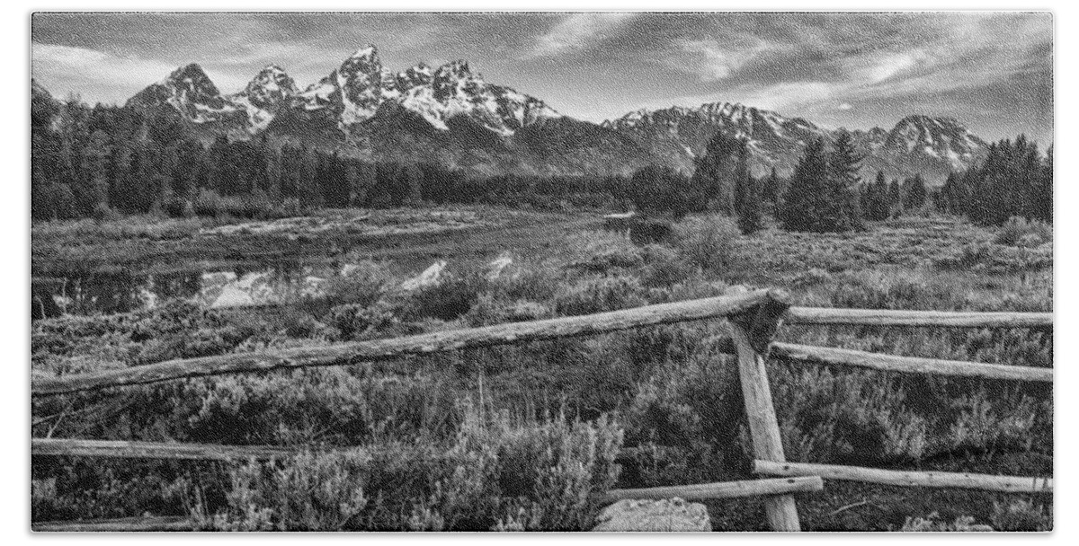 Fence Line Beach Towel featuring the photograph Classic Tetons by Darren White