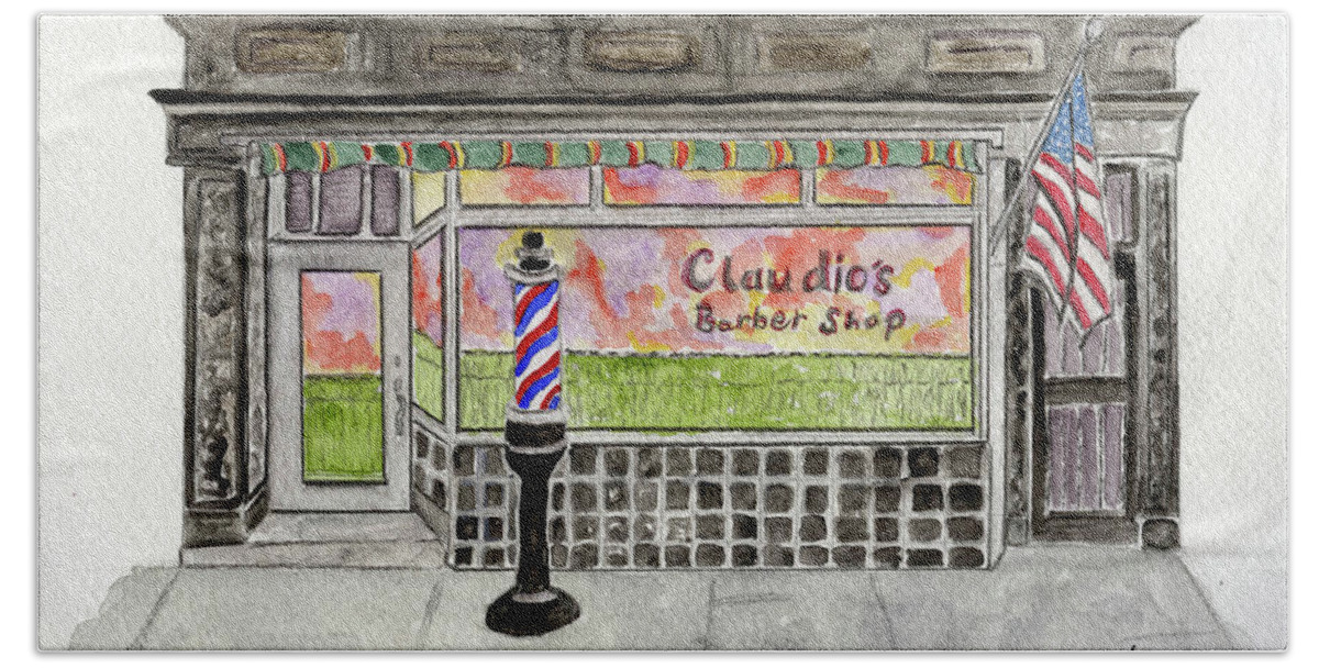Claudio's Beach Sheet featuring the painting Claudio the Barber in East Harlem by Afinelyne