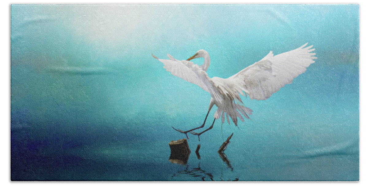 Great Egret Beach Towel featuring the photograph Cleared to Land by Randall Allen