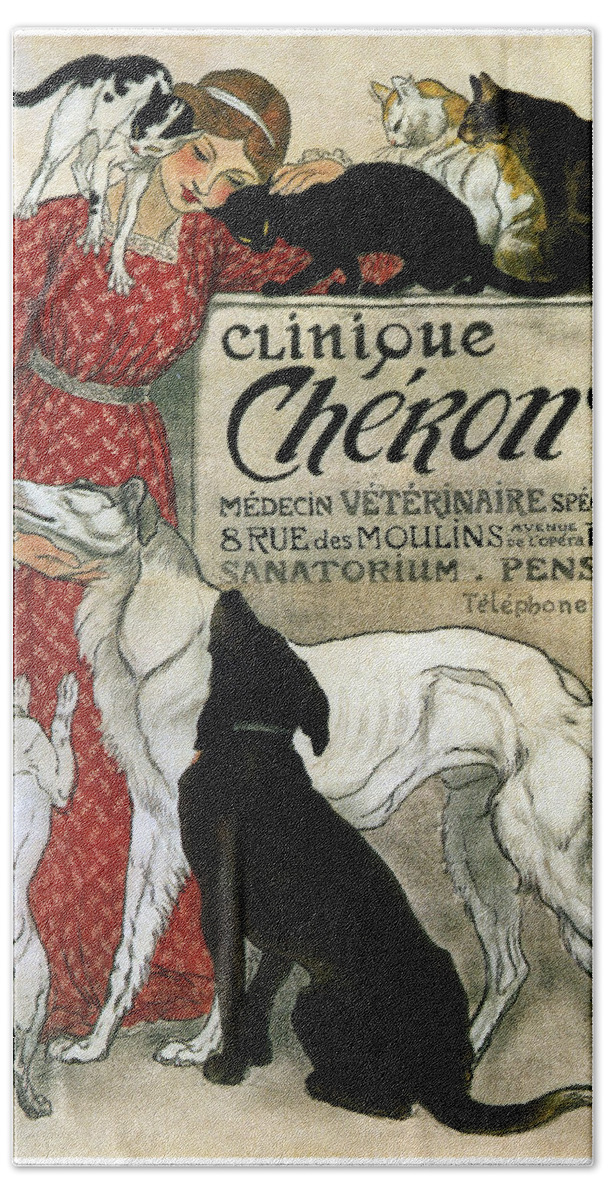 Clinique Cheron Beach Towel featuring the mixed media Clinique Cheron - Vintage Clinic Advertising Poster by Studio Grafiikka