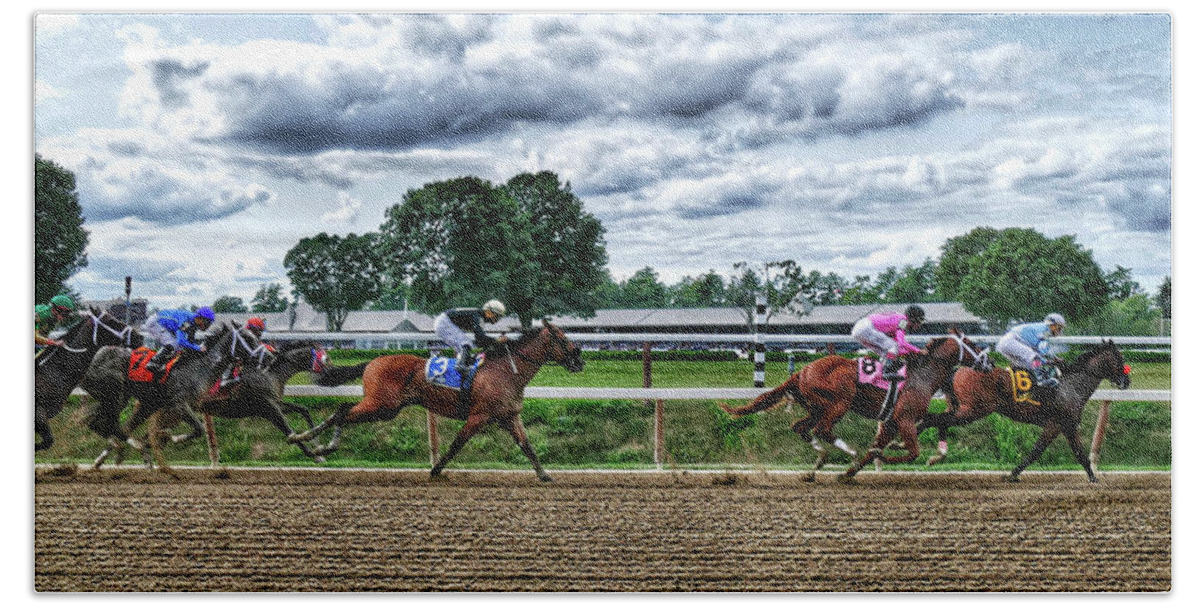 Race Horses Beach Towel featuring the photograph Close Competition by Jeffrey PERKINS