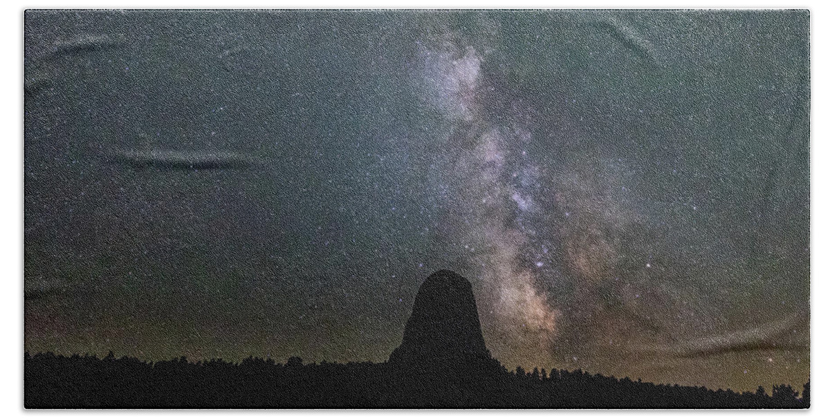 Photosbymch Beach Towel featuring the photograph Close Encounter with the Milky Way at Devil's Tower by M C Hood