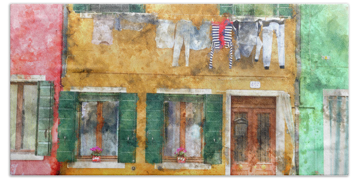Nobody Beach Sheet featuring the photograph Clothesline on a Building in Burano Italy by Brandon Bourdages