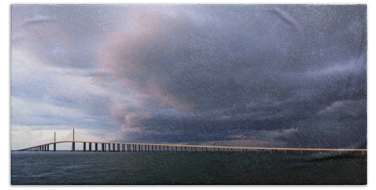 Sunshine Skyway Bridge Beach Sheet featuring the photograph Clouds Roll Over Sunshine Skyway by Daniel Woodrum