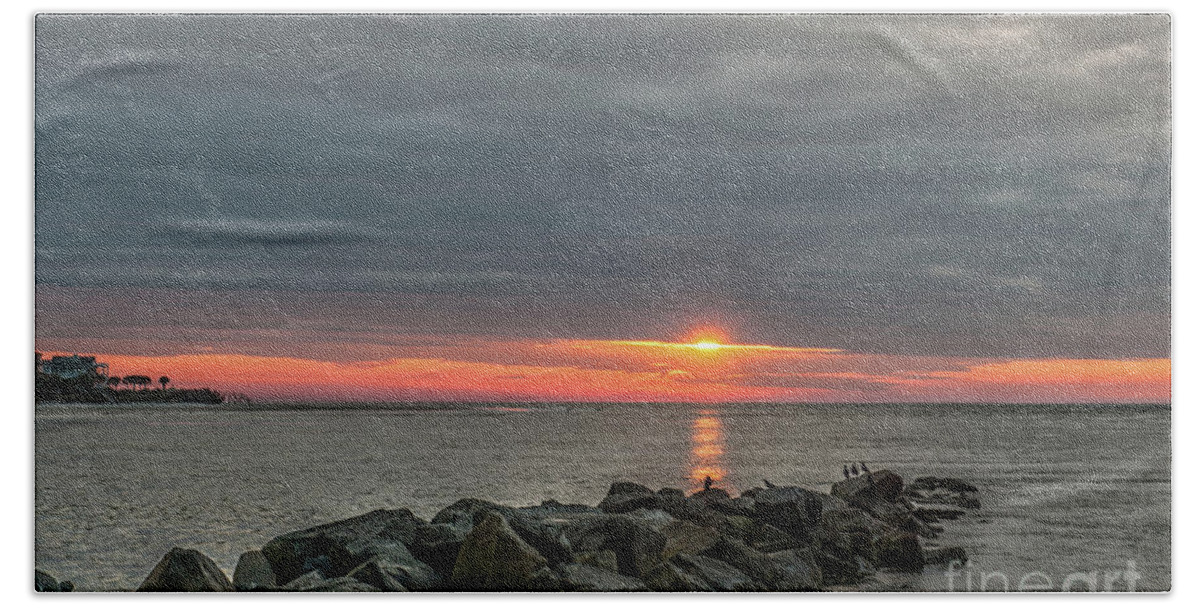 Sunrise Beach Towel featuring the photograph Cloudy Sunrise over Breach Inlet in Charleston South Carolina by Dale Powell