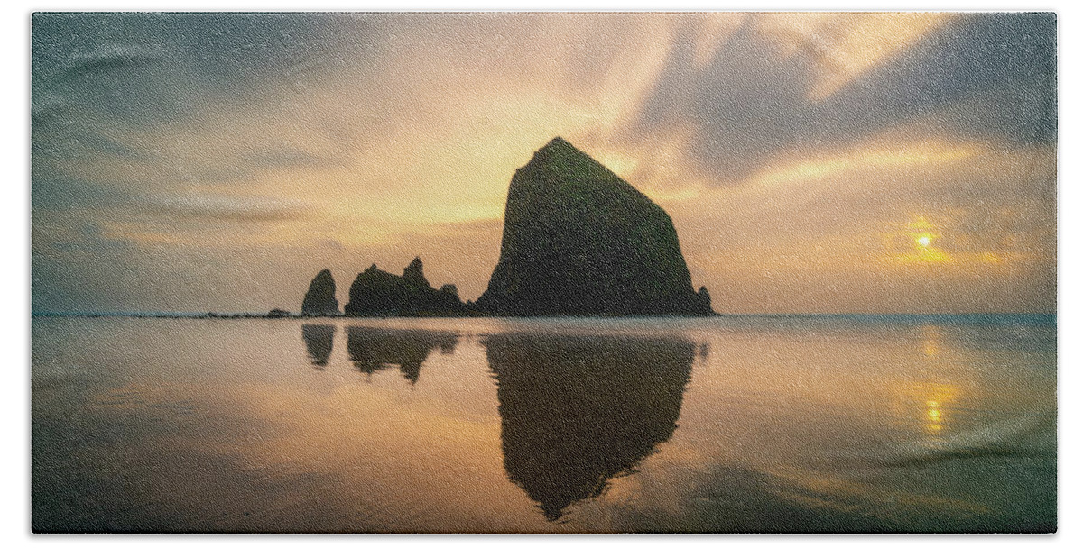 Oregon Beach Towel featuring the photograph Cloudy Sunset at Cannon Beach by James Udall