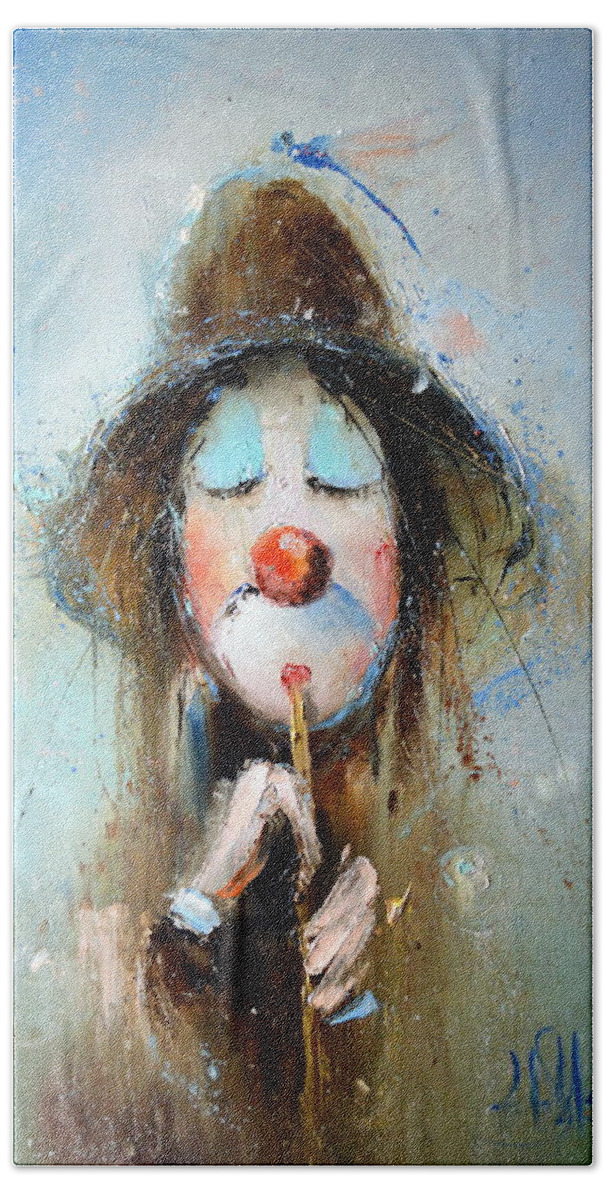 Russian Artists New Wave Beach Towel featuring the painting Clown Plays on Flute by Igor Medvedev