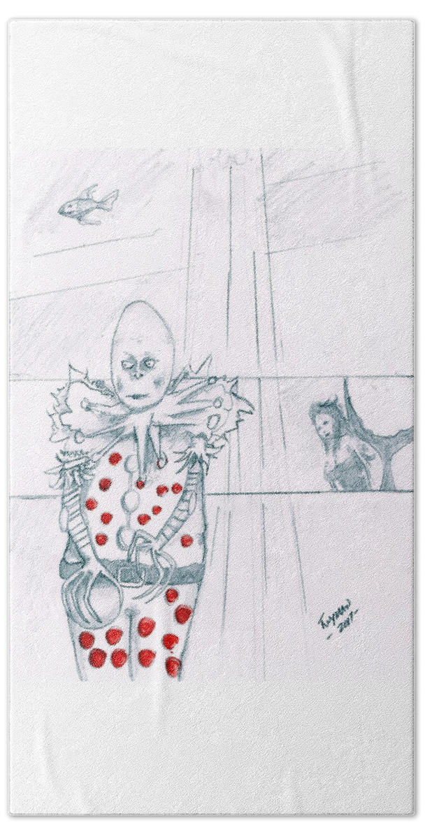 Clown Beach Towel featuring the drawing Clown with Crystal Ball and Mermaid by Dan Twyman