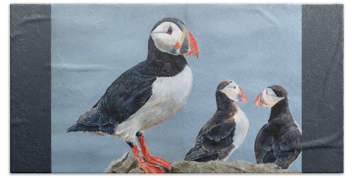 Puffin Beach Towel featuring the painting Clowns of the Sea. by John Neeve