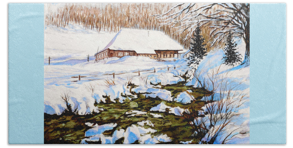 Golf Course In Alberta Beach Towel featuring the painting Clubhouse in Winter by Sher Nasser Artist
