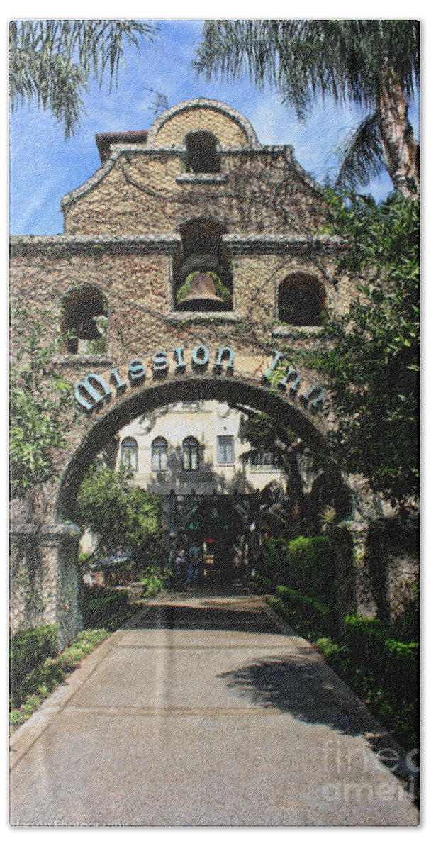 Mission Inn Beach Towel featuring the photograph Coach Entrance by Tommy Anderson