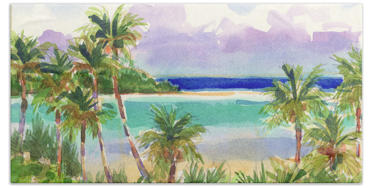 Cook Islands Beach Towel featuring the painting Coconut Palms and Lagoon, Aitutaki by Judith Kunzle
