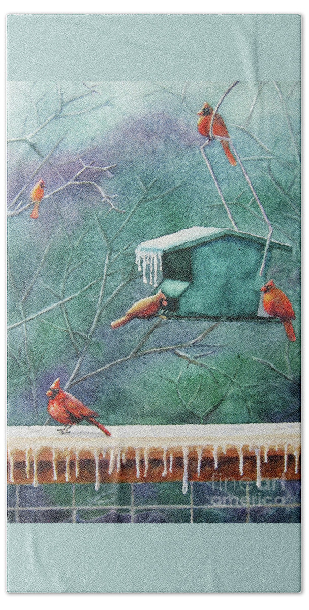 Nancy Charbeneau Beach Towel featuring the painting Cold Cardinals by Nancy Charbeneau