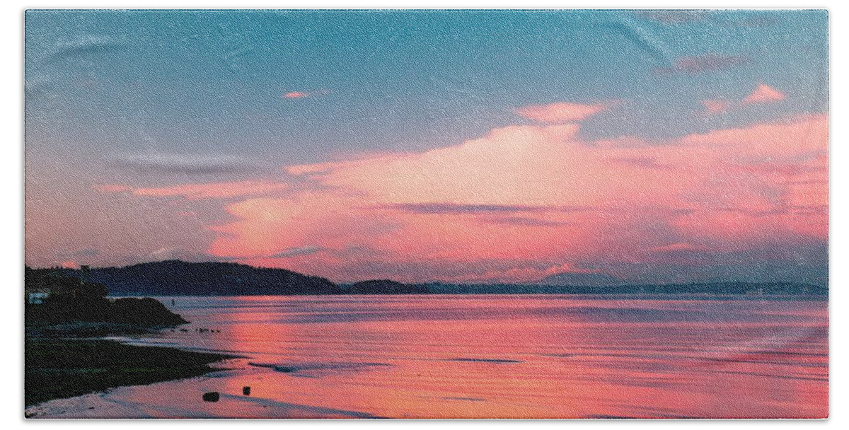 Pink; Blue; Sun Reflected In Clouds; Sun Reflected On Water; Sunset; Yukon Harbor; Shimmering Water; Clouds; Ripples In The Water; Color Me Pink; E Faithe Lester; Faithe Lester; Faith Lester Beach Towel featuring the photograph Color Me Pink by E Faithe Lester