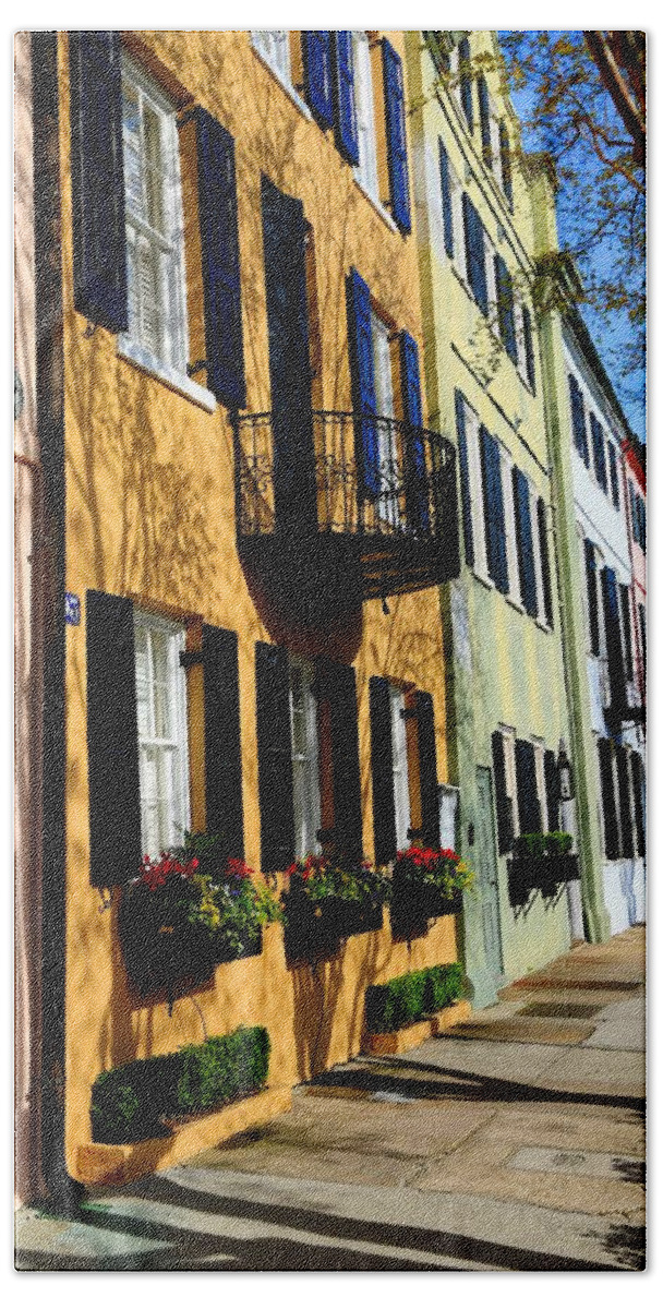 Rainbow Row Houses Historic Homes Beach Sheet featuring the photograph Color Of Charleston by Carol Montoya