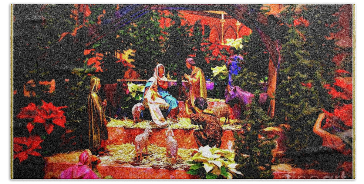 Christmas Beach Towel featuring the photograph Color Vibe Nativity - Border by Frank J Casella