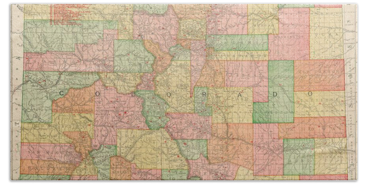 Colorado Map 1800 - County - Usa Beach Towel featuring the drawing Colorado Map 1800 - County - Usa by ArtBeOk Com