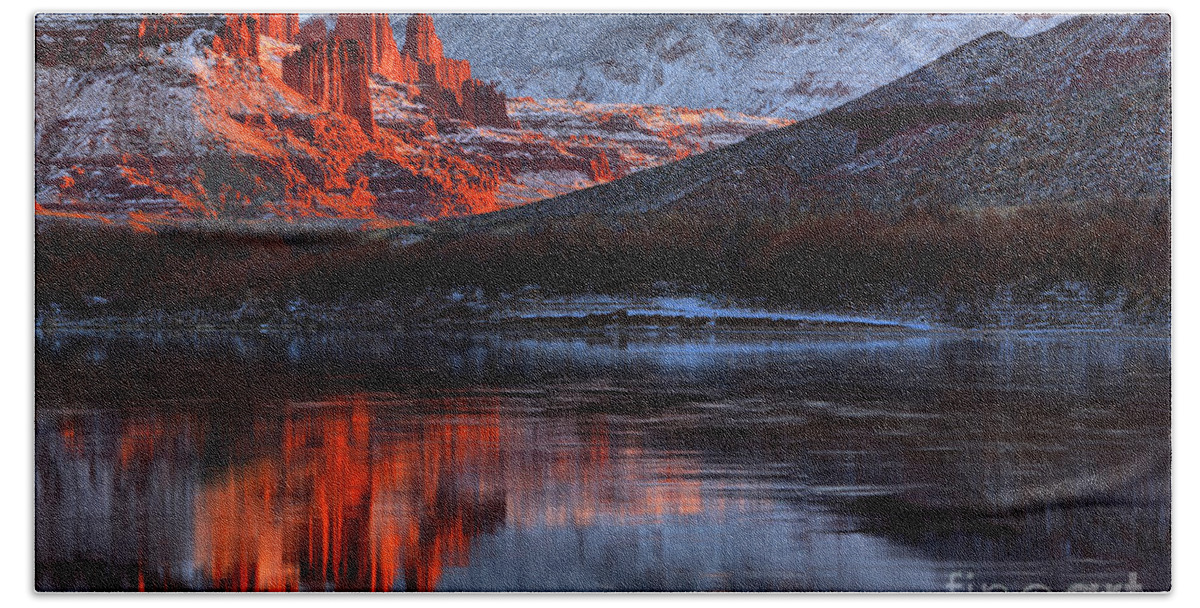 Fisher Towers Beach Towel featuring the photograph Colorado Red Tower Reflections by Adam Jewell