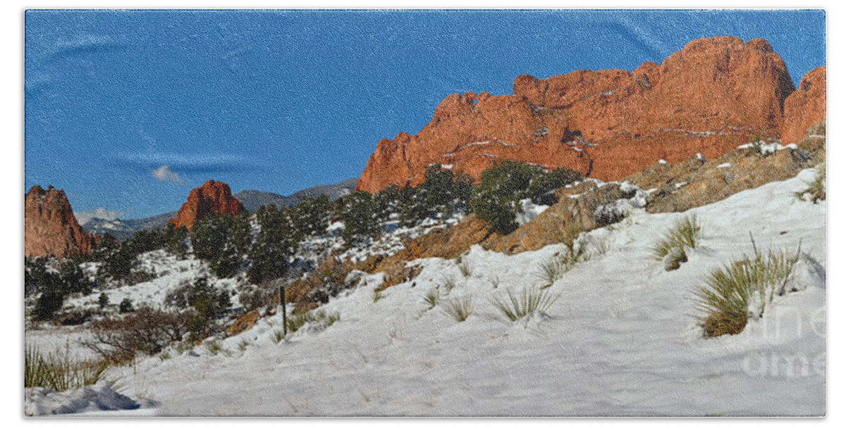 Garden Of The Cogs Beach Towel featuring the photograph Colorado Winter Red Rock Garden by Adam Jewell